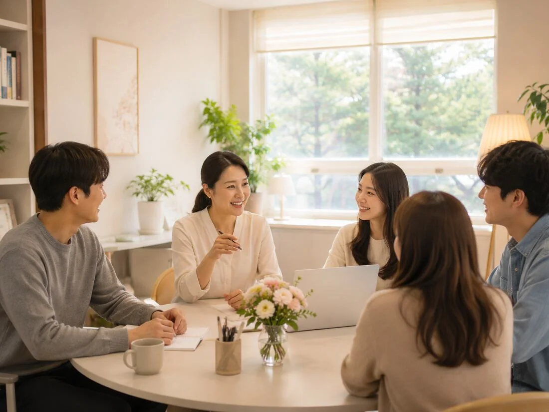 노을빛 가로수길을 손잡고 나란히 걷는 다섯 사람